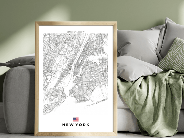 Right view of New York wall artwork map, featuring detailed landscapes and key landmarks in an artistic design.