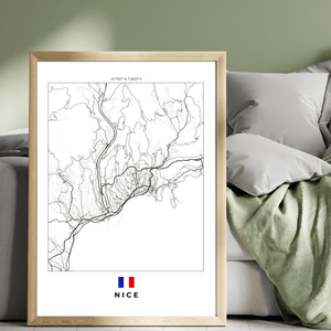 Left view of Nice wall artwork map, featuring detailed landscapes and key landmarks in an artistic design.