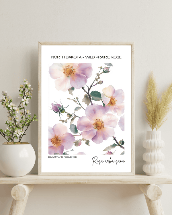 North Dakota - Wild Prairie Rose Name State Flowers Wallart - Rustic Charm