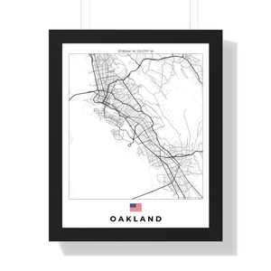 Front view of Oakland wall artwork map, featuring detailed landscapes and key landmarks in an artistic design.