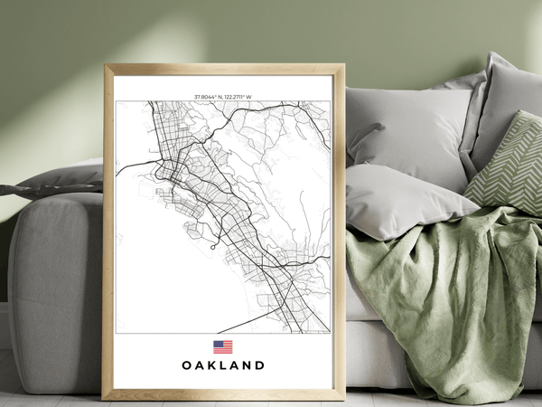 Right view of Oakland wall artwork map, featuring detailed landscapes and key landmarks in an artistic design.