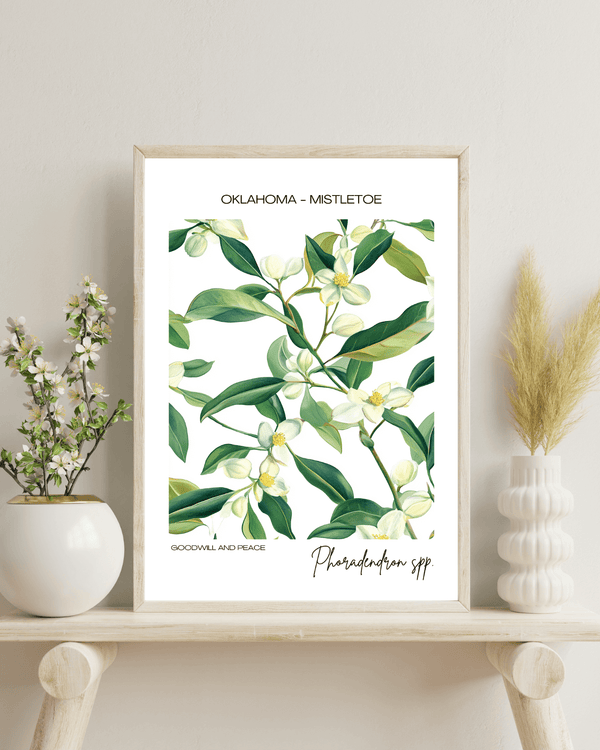 Oklahoma - Mistletoe Name State Flowers Wallart - Festive Spirit