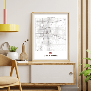 Left view of Oklahoma wall artwork map, featuring detailed landscapes and key landmarks in an artistic design.