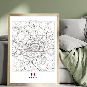 Left view of Paris wall artwork map, featuring detailed landscapes and key landmarks in an artistic design.