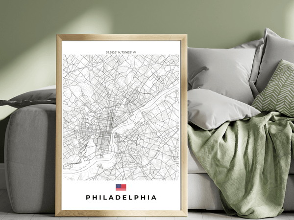 Right view of Philadelphia wall artwork map, featuring detailed landscapes and key landmarks in an artistic design.