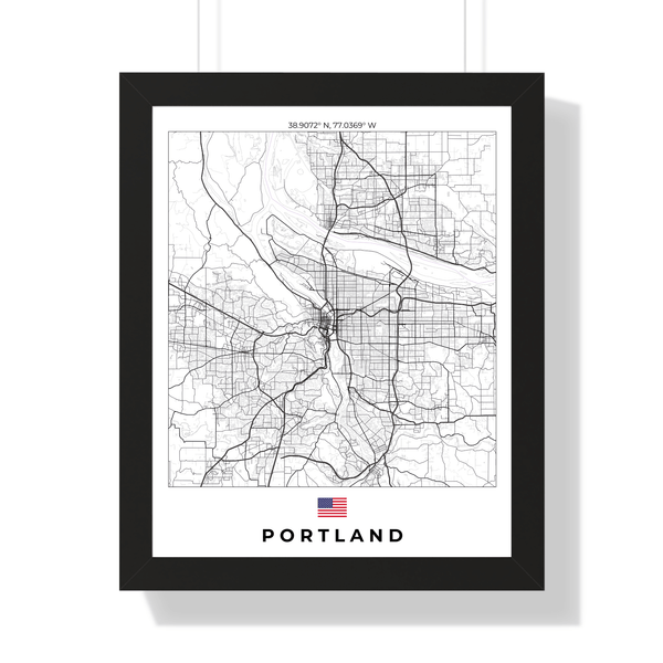 Front view of Portland wall artwork map, featuring detailed landscapes and key landmarks in an artistic design.