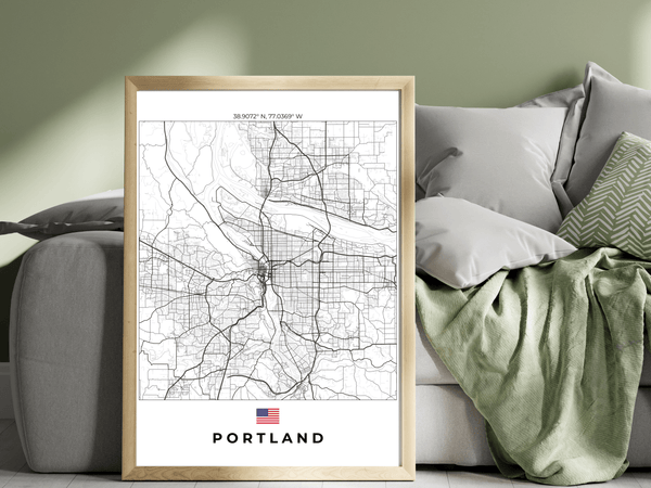 Right view of Portland wall artwork map, featuring detailed landscapes and key landmarks in an artistic design.