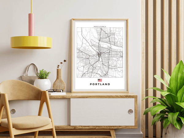 Left view of Portland wall artwork map, featuring detailed landscapes and key landmarks in an artistic design.