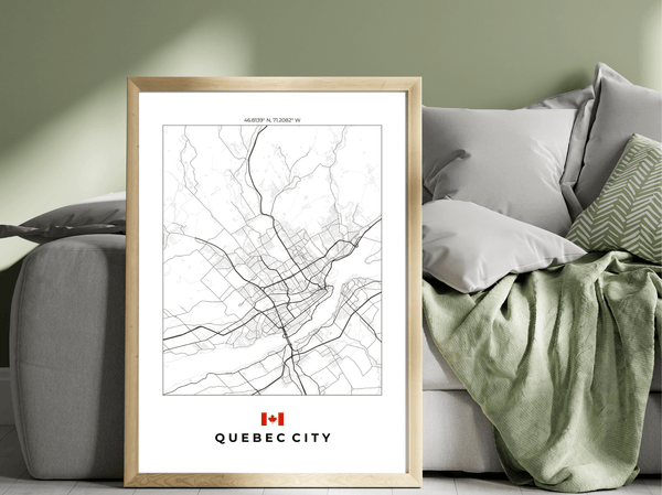 Left view of Quebec City wall artwork map, featuring detailed landscapes and key landmarks in an artistic design.