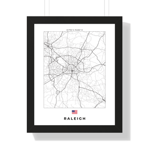 Front view of Raleigh wall artwork map, featuring detailed landscapes and key landmarks in an artistic design.