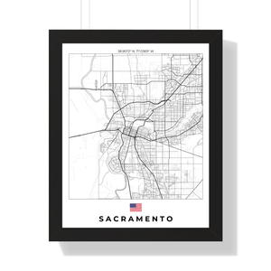 Front view of Sacramento wall artwork map, featuring detailed landscapes and key landmarks in an artistic design.