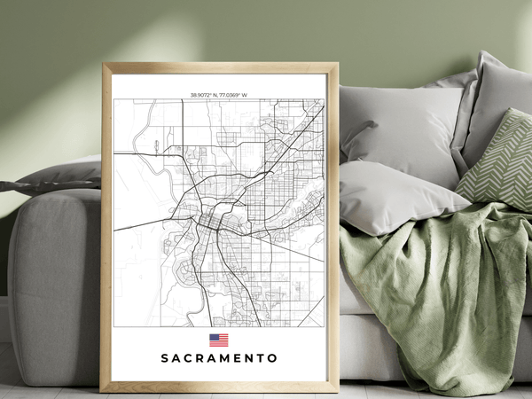 Right view of Sacramento wall artwork map, featuring detailed landscapes and key landmarks in an artistic design.