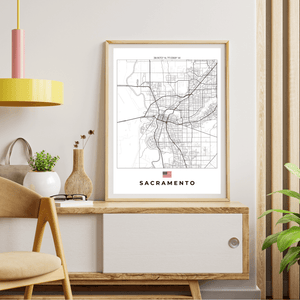 Left view of Sacramento wall artwork map, featuring detailed landscapes and key landmarks in an artistic design.