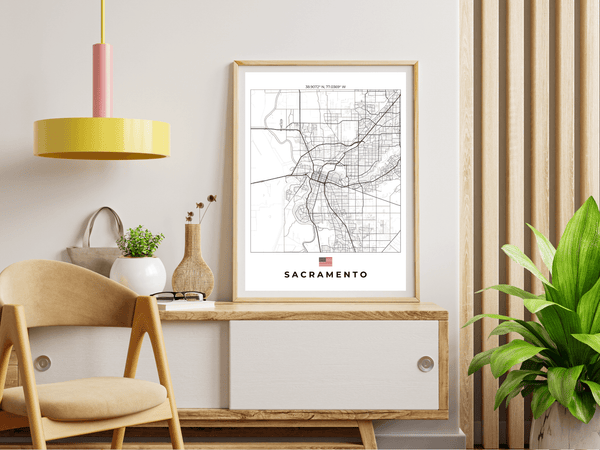 Left view of Sacramento wall artwork map, featuring detailed landscapes and key landmarks in an artistic design.