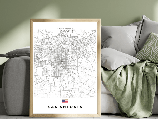 Right view of San Antonia wall artwork map, featuring detailed landscapes and key landmarks in an artistic design.