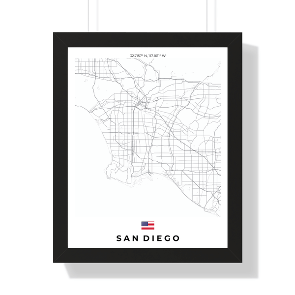 Front view of San Diego wall artwork map, featuring detailed landscapes and key landmarks in an artistic design.