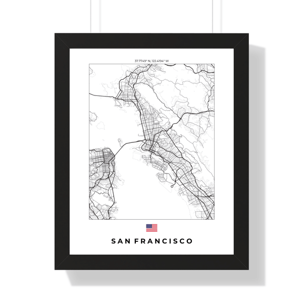 Front view of a detailed San Francisco map print, showcasing landmarks and urban landscapes in an artistic design.