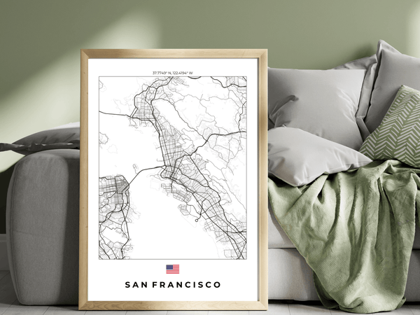 Right view of San Francisco wall artwork map, featuring detailed landscapes and key landmarks in an artistic design.