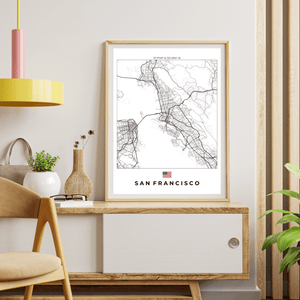 Left view of San Francisco wall artwork map, featuring detailed landscapes and key landmarks in an artistic design.