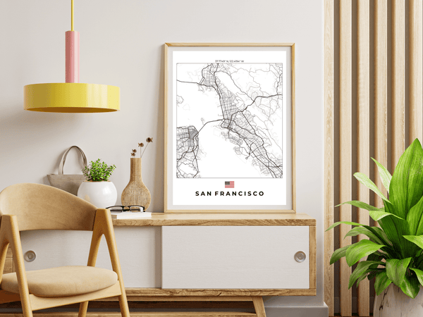 Left view of San Francisco wall artwork map, featuring detailed landscapes and key landmarks in an artistic design.