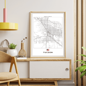 Left view of Tucson wall artwork map, featuring detailed landscapes and key landmarks in an artistic design.