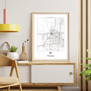 Left view of Tulsa wall artwork map, featuring detailed landscapes and key landmarks in an artistic design.