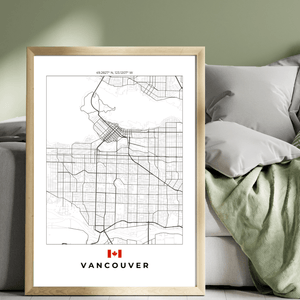 Left view of Vancouver City wall artwork map, featuring detailed landscapes and key landmarks in an artistic design.