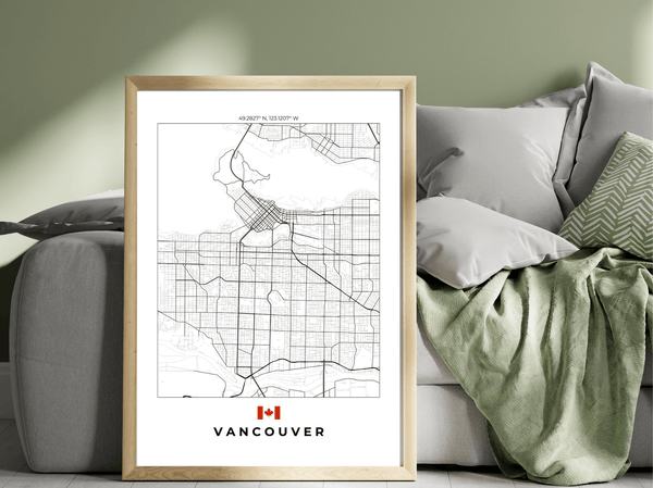 Left view of Vancouver City wall artwork map, featuring detailed landscapes and key landmarks in an artistic design.