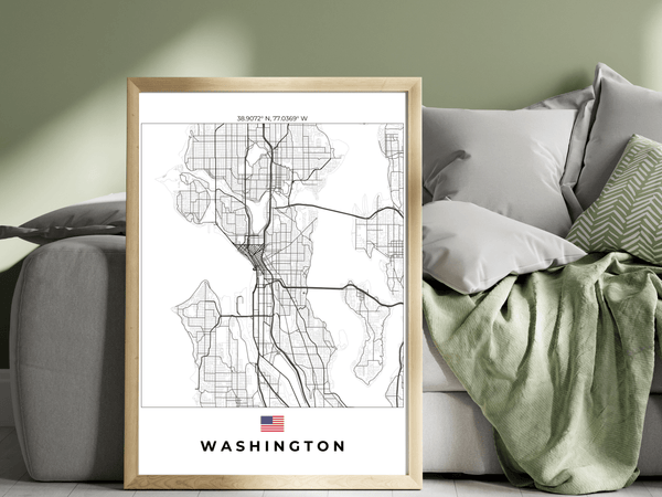 Right view of Washington wall artwork map, featuring detailed landscapes and key landmarks in an artistic design.