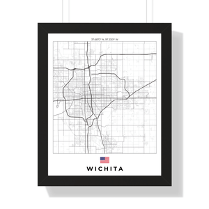 Front view of Wichita wall artwork map, featuring detailed landscapes and key landmarks in an artistic design.