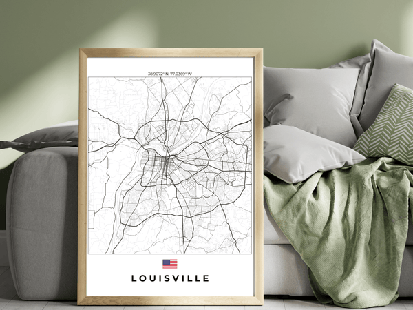 Right view of Louisville wall artwork map, featuring detailed landscapes and key landmarks in an artistic design.